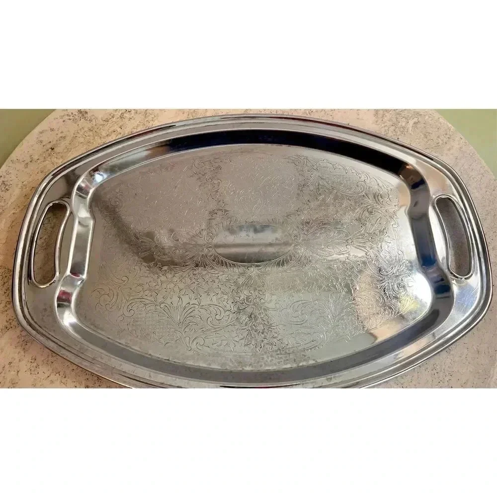 Anderson Silver Vintage Embossed Damask Oval Serving Tray Decor Mid‎ Century